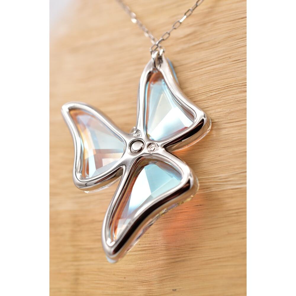 Swarovski Aurora Borealis Crystal Bow Pendant Necklace Silver Swan Signed Bin7B - Picture 11 of 12